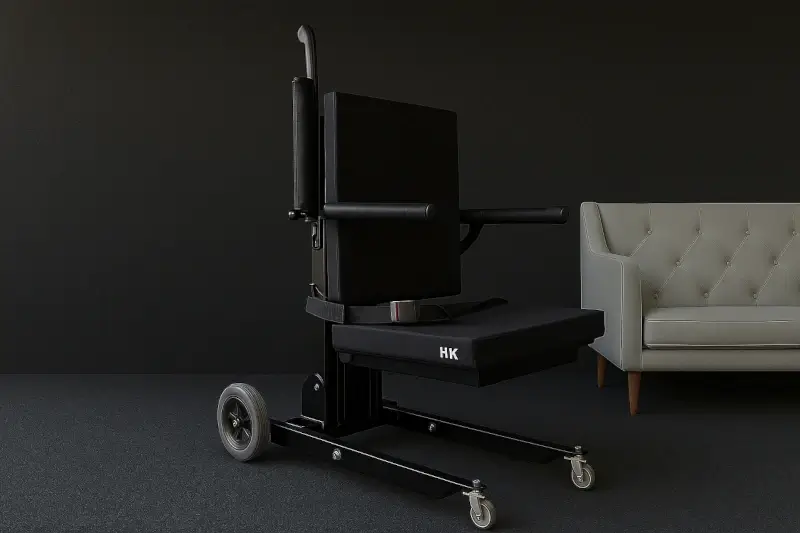 Rear view of HK electric stairlift chair with ergonomic design and sturdy wheels