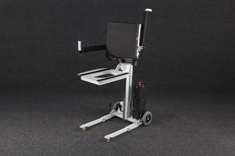 Electric stairlift toilet chair with open seat, safety armrests and smooth-rolling wheels