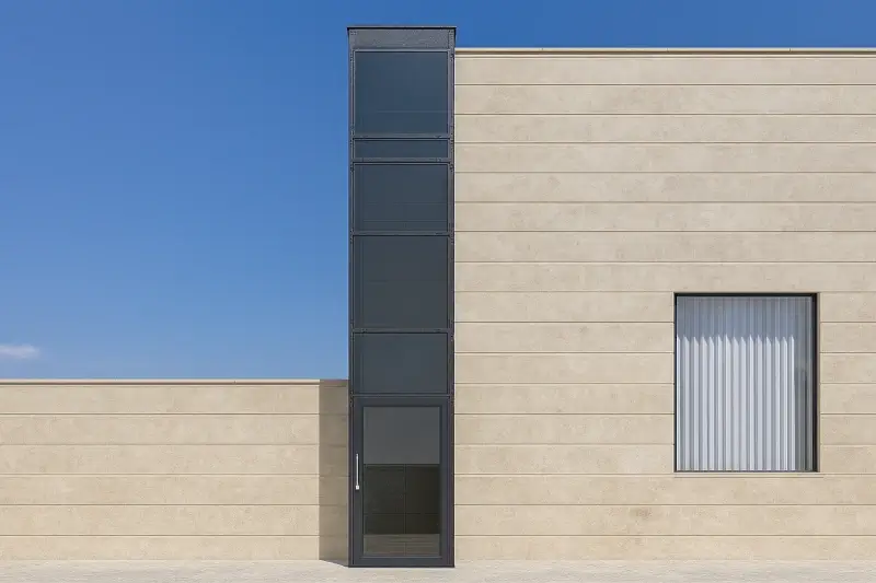 Minimalist outdoor home elevator with black metal frame
