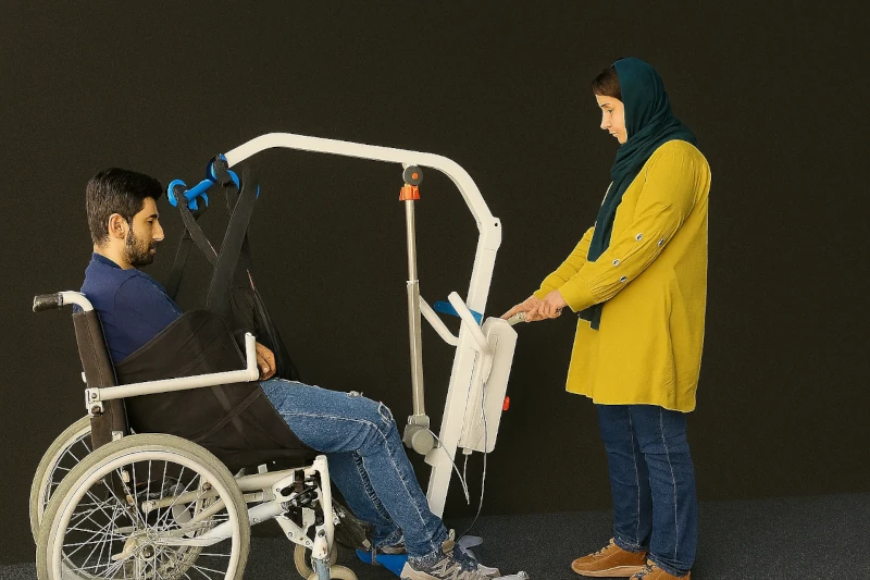 Caregiver using a patient lift to transfer a wheelchair user with a secure sling – suitable for home or clinical environments