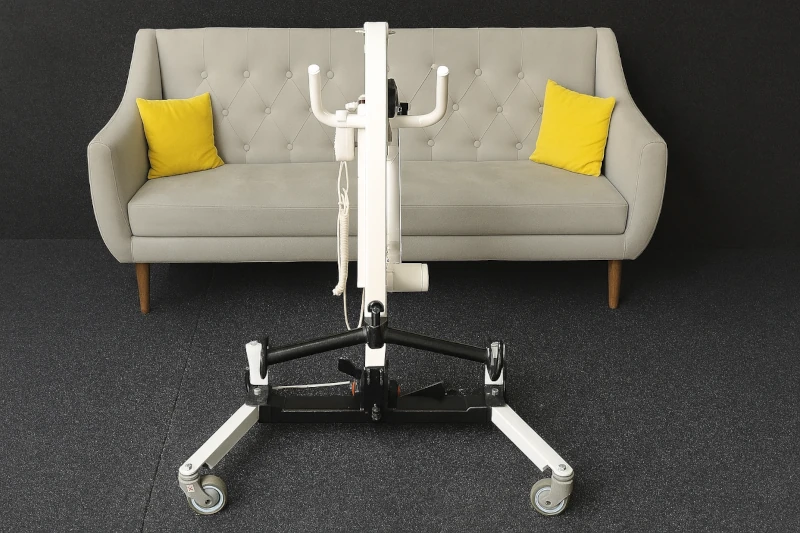 Home patient lift with blue frame and full equipment including a black support sling – for moving elderly and low-mobility users at home