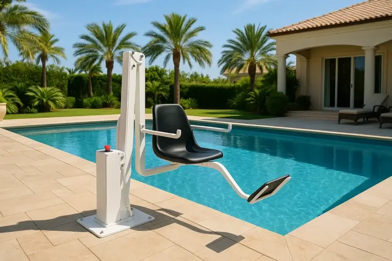 Pool lift installed beside an outdoor luxury villa pool with landscaped palms and lawn