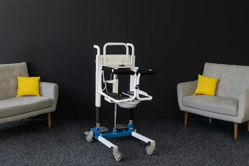 Bathroom patient transfer chair with modern design, safety armrests, and casters for safe movement of seniors