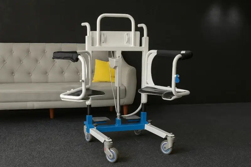Bathroom transfer chair with opening armrest for easy patient transfer; suitable for moving from bed to toilet and back
