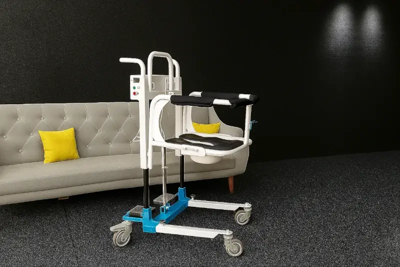 Bathroom lift chair with ergonomic design, ideal for seniors and patients, washable surfaces and soft armrests