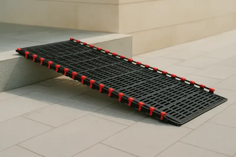 Black ramp with red grips for passing over a small outdoor step, designed for wheelchair users and people with limited mobility with an anti-slip surface