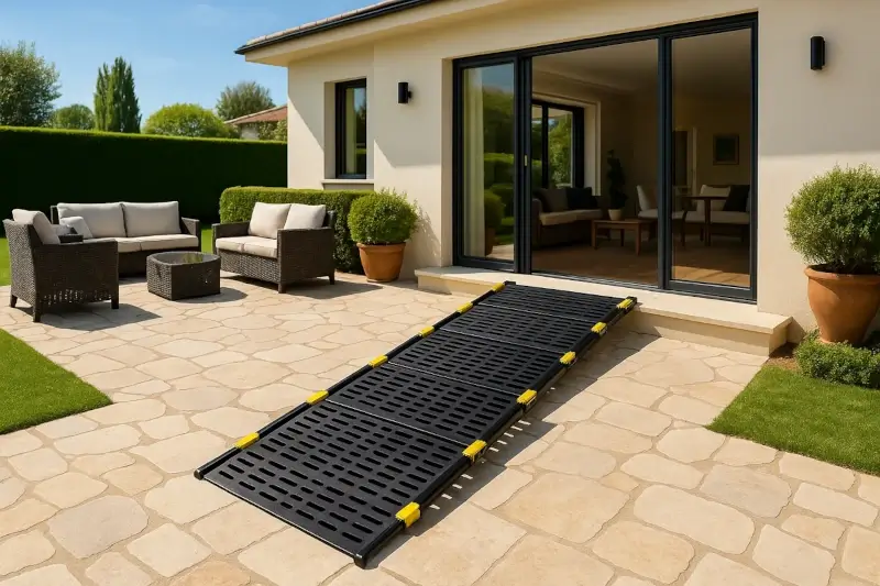 Modular black ramp with yellow locks installed on the patio of a modern villa, enabling wheelchair access from indoors to a stone-paved yard with garden furniture, ideal for seniors and people with disabilities