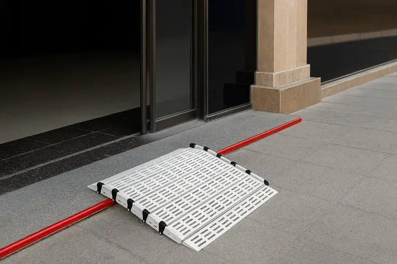 Short white ramp for passing over a doorway threshold, suitable for wheelchairs and cables or small obstacles with an anti-slip surface