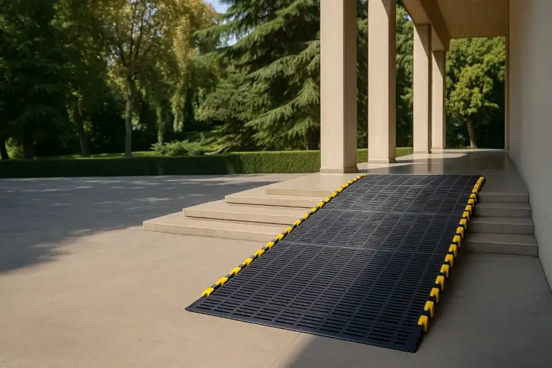 Wheelchair access ramp with modern and safe design at the entrance of a villa-style building with stone columns and greenery