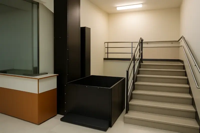 Enclosed indoor wheelchair lift installed next to the stairs in an office building for seniors and people with disabilities