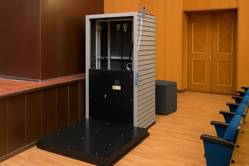 Vertical wheelchair lift installed next to the stage in an auditorium to provide access for seniors and people with limited mobility