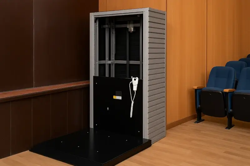Vertical wheelchair lift beside a conference hall stage, equipped with manual controls for people with disabilities and seniors