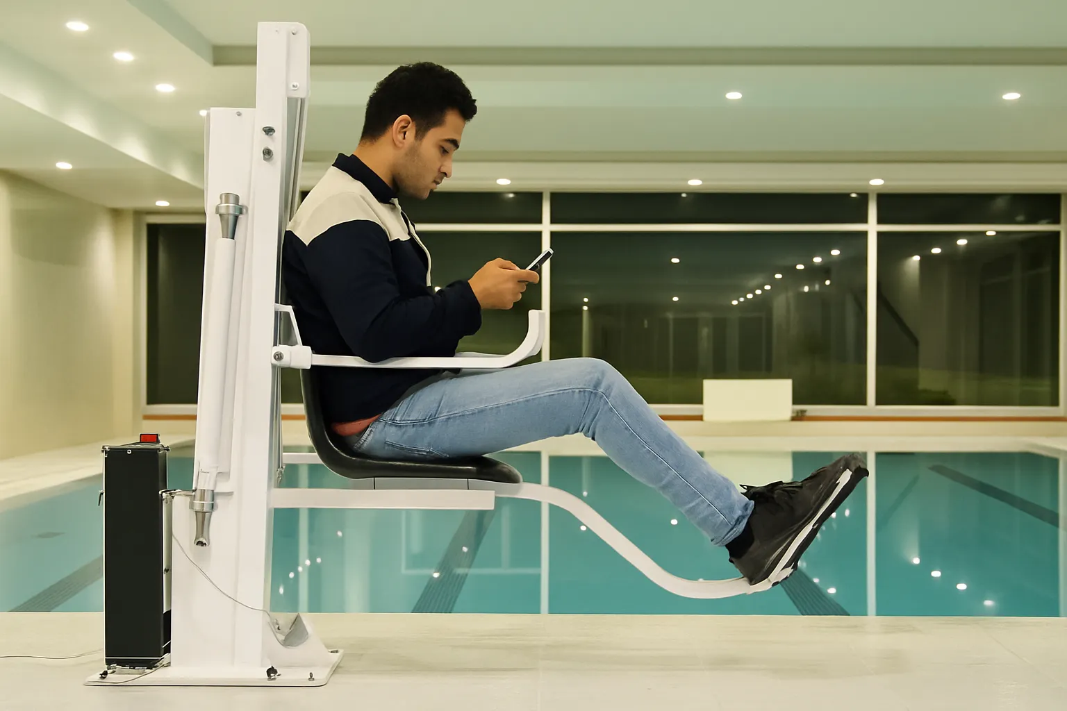 User seated on fixed pool lift at deck level beside an indoor swimming pool