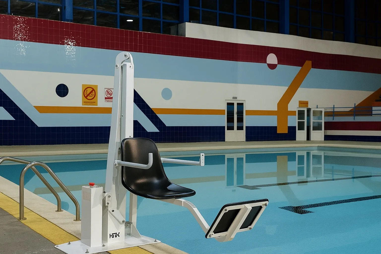 Fixed pool lift installed on pool deck with black seat, folding arms and footrest beside an indoor swimming pool